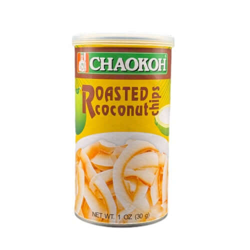 CHAOKOH roasted coconut chips 30g canister, tropical snack with crunchy, sweet coconut flavor.