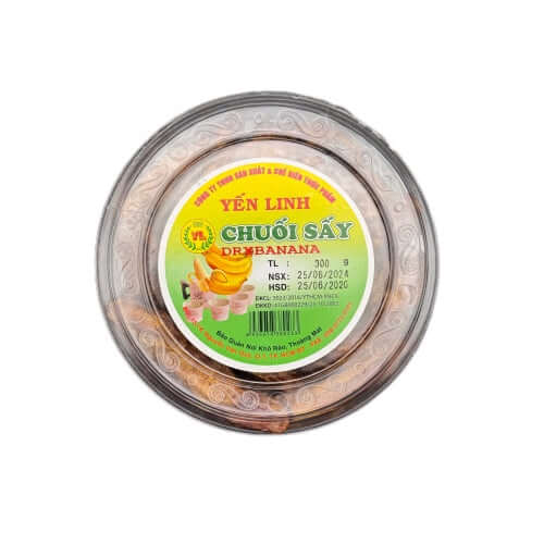 YEN LINH dried bananas in a 300g transparent packaging, natural snack without additives.
