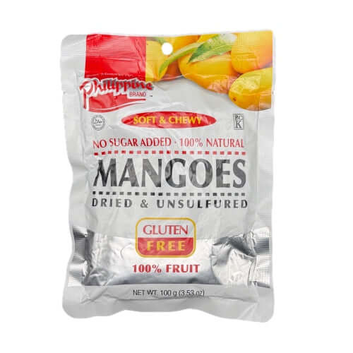 PHILIPPINE 100g dried mango package, 100% natural, gluten-free, no sugar added snack option.