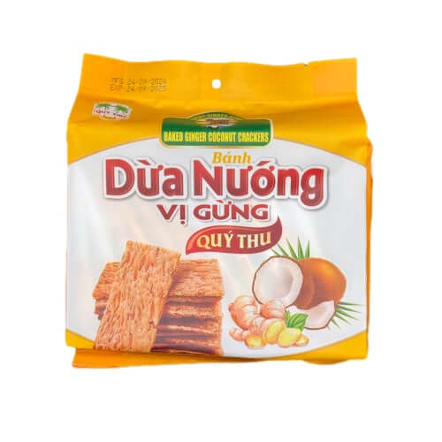 QUY THU baked ginger coconut crackers, 125g packaging featuring crispy, exotic snack with ginger and coconut.