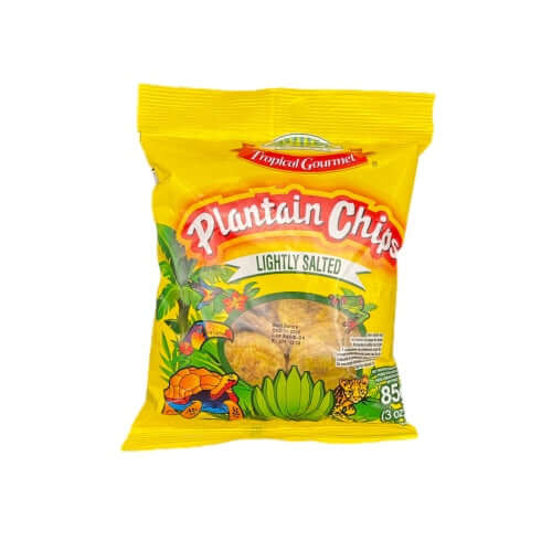 Tropical Gourmet Plantain Chips, lightly salted, 85g snack pack with vibrant packaging.
