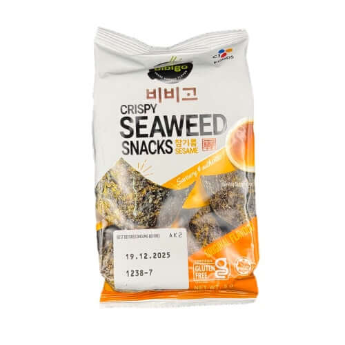 BIBIGO crispy seaweed snack with sesame in a 5g package, ideal for on-the-go snacking.