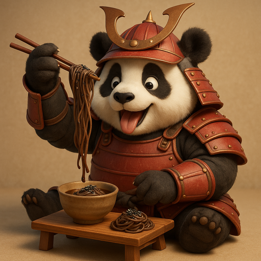 Kawaii Panda in samurai armor enjoying soba noodles with chopsticks, sitting at a table with a bowl.