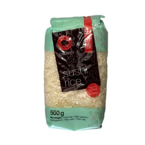 OBENTO Sushireis 500g pack, perfect for sushi, onigiri, and poke bowls, featuring ideal sticky texture.