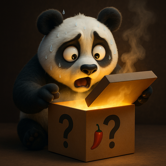 Illustration of a surprised panda looking into a mysterious box emitting steam, symbolizing surprise snacks.