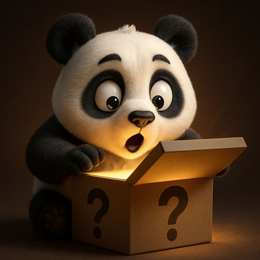 Cute panda character surprised by a mystery box, symbolizing fun and surprise in a playful setting.